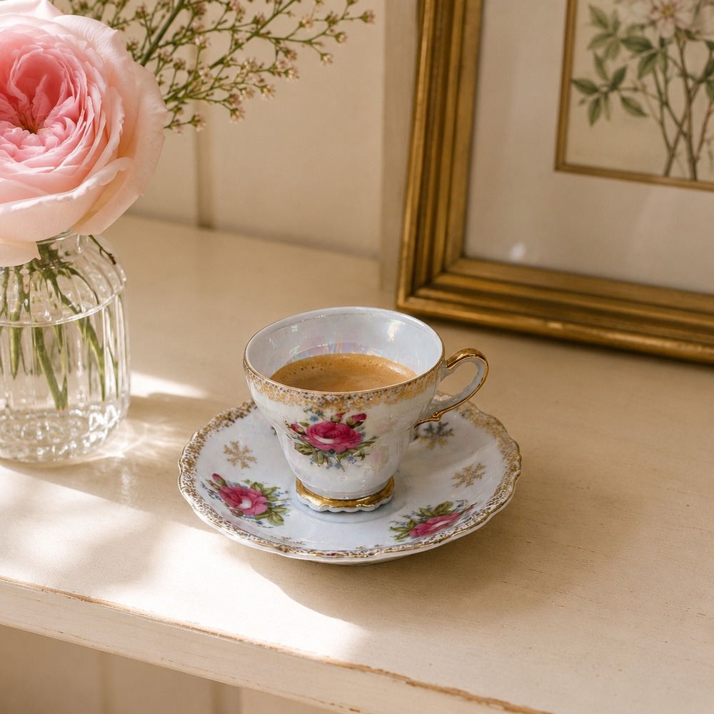 Romantic Rose Demitasse Mini Cup Saucer Vintage Espresso Cup Coquette Decor‎